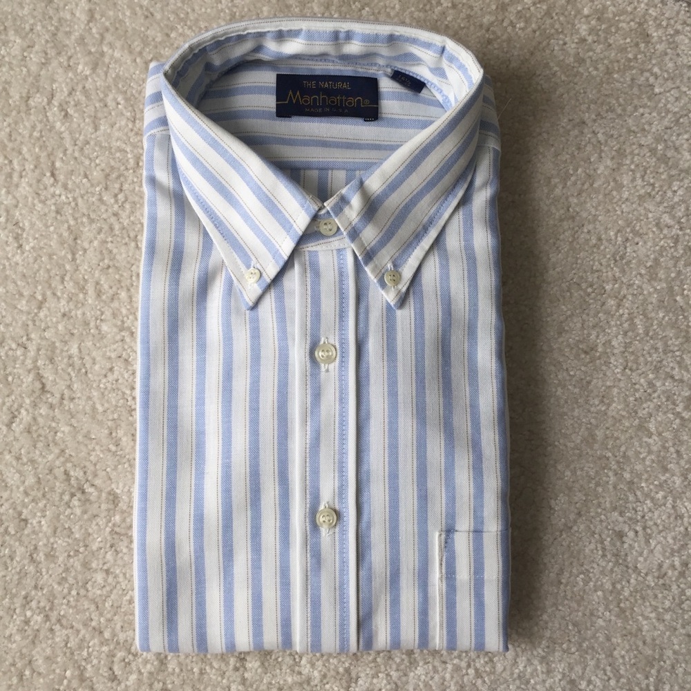 Vintage Manhattan Button Down Blue Striped Dress Shirt